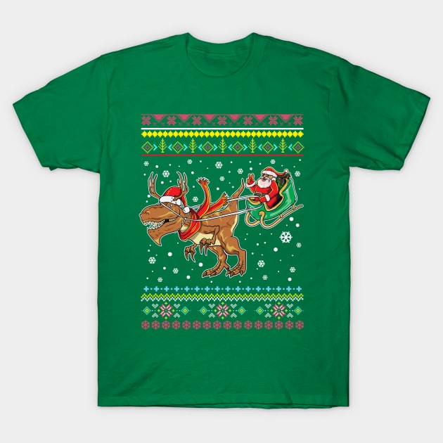 Santa Claus T Rex Reindeer Sleigh Ugly Christmas Sweater Pattern T-Shirt by E